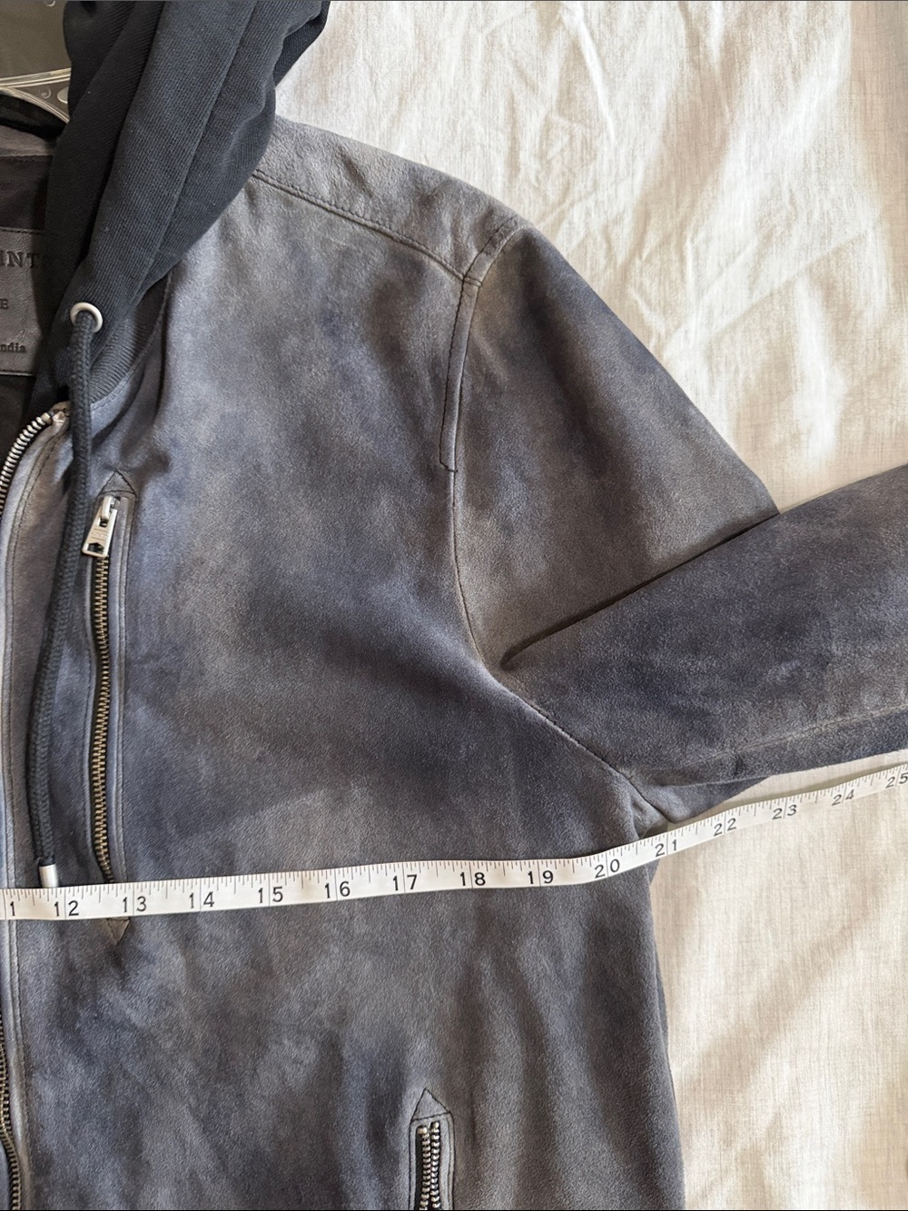 AllSaints Suede Goat Leather Bomber Jacket Hooded Size Large - Picture 7 of 10